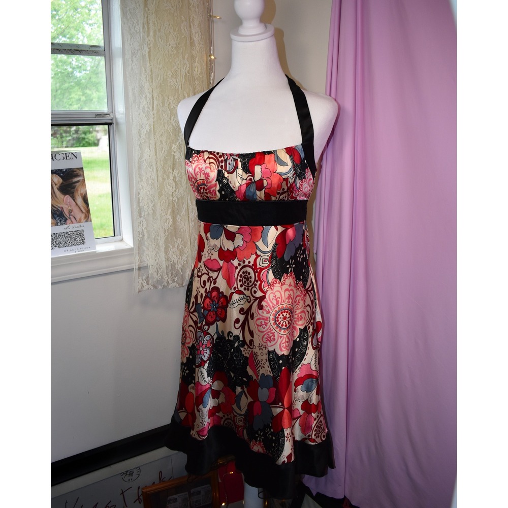 Vintage Trixxi Floral Halter Dress Red Pink Black Satin Trim Made in USA Size 3